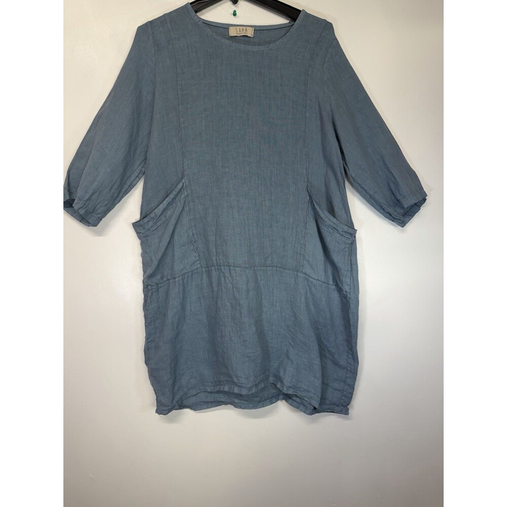 Saga Dress  100% Linen Womens Lagenlook Blue  Made in Italy Pocket Boxy Sz L
